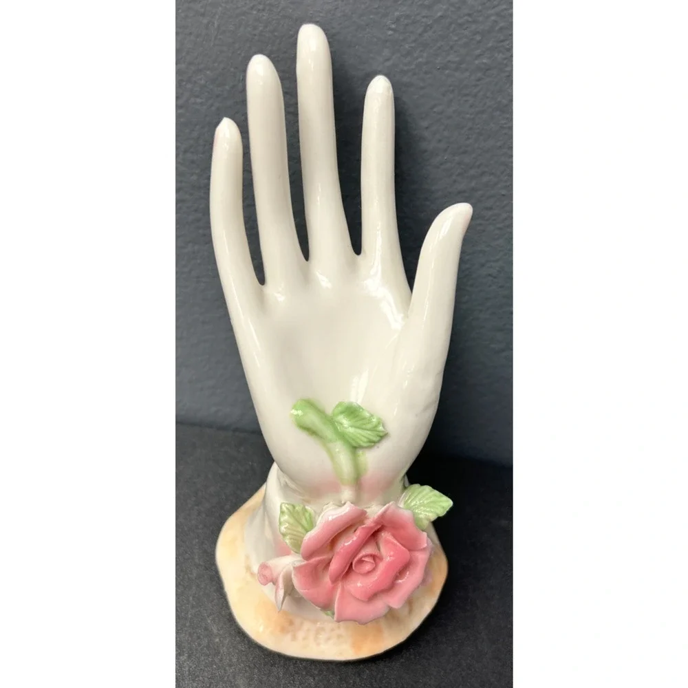 K's Collection Porcelain Hand Pink Rose Jewelry Ring Display Holder